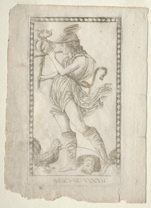 Mercúrio do Tarocchi, série A: Firmamentos do Universo, nº 42, antes de 1467. de Master of the E Series Tarocchi