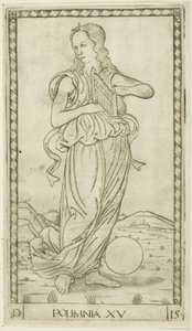Polyhymnia, placa quinze de Apolo e as Musas de Master of the E Series Tarocchi