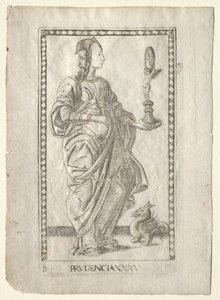 Prudência do Tarocchi, série B: Princípios e Virtudes Cósmicas, nº 35, antes de 1467. de Master of the E Series Tarocchi