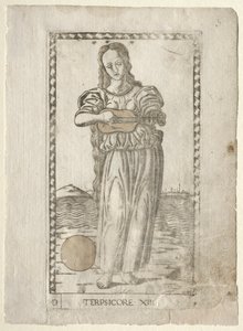 Dança e música Terpsichore da série Tarocchi D ..., antes de 1467. de Master of the E Series Tarocchi