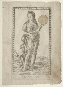 Astronomia de Urania da série D de Tarocchi: Apolo e as Musas, nº 12, antes de 1467. de Master of the E Series Tarocchi