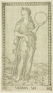 Urania, placa doze de Apolo e as Musas de Master of the E Series Tarocchi