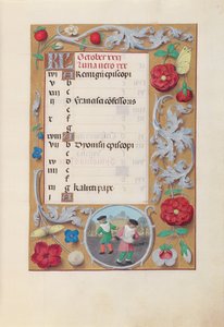 Horas da rainha Isabel, a católica, rainha da Espanha: Fol. 11 de outubro, c. 1500. de Master of the First Prayerbook of Maximillian