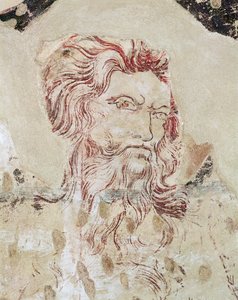Detalhe de St Onuphrius e cena de sua vida (desenho mural colorido e pintura) de Master of the Fogg Pieta