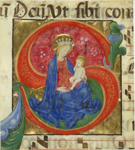 Iluminação Manuscrita com a Virgem e a Criança numa S..., meados do século XV. de Master of the Franciscan Breviary