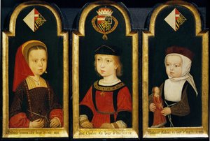 O imperador Carlos V, com 2 anos, e as suas duas irmãs Eleonore e Isabella de Master of the Guild of Saint George