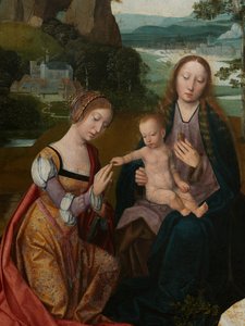 Detalhe do painel central da Virgem e da Criança com Santa Catarina e Santa Bárbara, c.1520-25 (óleo sobre painel)