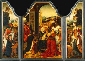 Tríptico: Adoração dos Reis Magos, com São Tiago apresentando o doador e Santa Catarina de Alexandria apresentando a esposa e duas filhas do doador