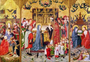 Retábulo das Sete Alegrias da Virgem, representando a Adoração dos Magos, A Apresentação no Templo e Cristo Aparecendo a Maria, c.1480 de Master of the Holy Family