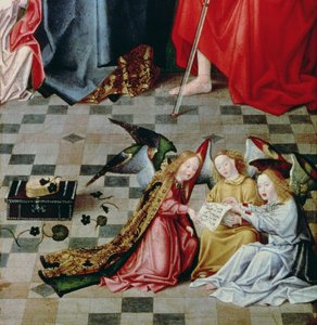 As Sete Alegrias do Retábulo da Virgem: detalhe de três anjos cantores, c.1480 (painel) (detalhe de 5896) de Master of the Holy Parent
