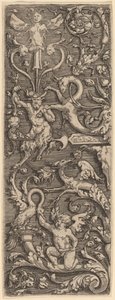 Ornamento com um cupido, um sátiro e figuras grotescas de Master of the Horse Heads