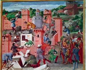 A construção da cidade de Roma. Os gémeos Romulus e Remus visitam o local (inspecção dos trabalhos e avanço dos trabalhos). Os trabalhadores estão activos na tarefa: Macões, alfaiates de pedra, portadores, mármore e cimento (preparação do cimento) no local de Master of the Innocent III missal