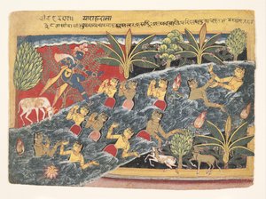 Os Gopis Plead com Krishna para devolver as suas roupas: Folio de Isarda Bhagavata..., ca. 1560-65 de Master of the Isarda