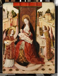 Tríptico de Virgem e Criança com Dois Anjos, detalhe de Madona e Criança do painel central, c.1500 (ver também 225325, 225326) de Master of the Lee Triptych Master of the Lee Triptych