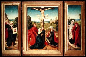Tríptico com o painel central representando a Crucificação com a Virgem, São João e Maria Madalena; a ala esquerda: Santa Verónica e uma Santa Fêmea; e a ala direita: As Duas Marias (óleo sobre painel) de Master of the Legend of St. Catherine