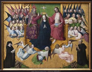A coroação de Maria. Representação da Santíssima Trindade: Deus, Jesus Cristo e a pomba do Espírito Santo (Espírito Santo). Pintura do Mestre da Paixão de Lyversberger (ativo 1460-1490), óleo sobre madeira, arte alemã do início do século XV. Munique, Alte de Master of the Lyversberg Passion