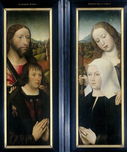 Duas asas de um tríptico com o doador, Thomas Isaacq, acompanhado por São Tomás (esquerda, asa externa) e a esposa do doador acompanhada por Santa Margarida (direita, asa externa) de Master of the Magdalen Legend