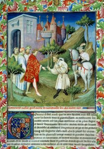 João de Mandeville (1300-1372) tirou do Rei Eduardo II e deixou a Inglaterra. Miniatura em "The Book of Wonders of the World" Ms 2810. Folio 141. Manuscrito iluminado pelo Mestre de Mazarine, escrito por João (Jehan) de Mandeville (1300? -1372)