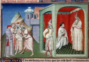 João de Mandeville e o Sultão. Controvérsia entre cristãos e muçulmanos representada por Jean de Mandeville, explorador de Liège (1300-1372) e o Sultão de Sarracenos. Miniatura em "The Book of Wonders of the World" Ms. 2810 Folio 175v. Manuscrito