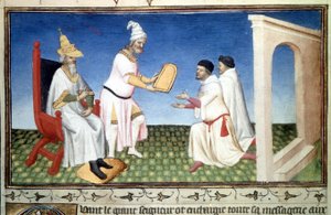 Marco e Mattia Polo recebendo doações de Kubilay Khan, - Miniatura tirada de "O Livro das Maravilhas" ("O Desvio do Mundo", "Il Milione") por Marco Polo (1254-1324) (Sra. 2810, Folio 3v) iluminada pelo Mestre de Mazarine, cerca de 1410-1412