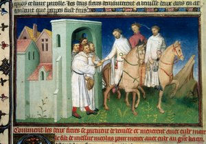 Matteo e Niccolo, os irmãos Pólo que deixam Veneza. Miniatura tirada de "O Livro das Maravilhas" ("Il Milione"), de Marco Polo (1254-1324) (Sra. 2810, Folio 4), iluminada pelo Mestre de Mazarine, por volta de 1410-1412. BN,