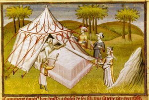 O líder mongol Gengis Khan no seu leito de morte dando as suas últimas recomendações aos seus filhos, c.1410 (miniatura)