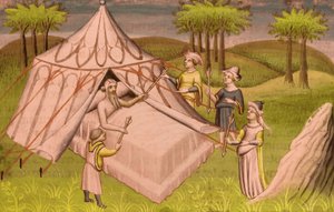 O líder mongol Gengis Khan no seu leito de morte dando as suas últimas recomendações aos seus filhos, c.1410 (miniatura)