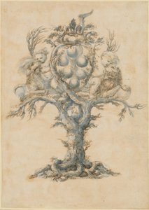 Uma garrafa de vinho com leões e Putti de Master of the Medici Banquet Decanters