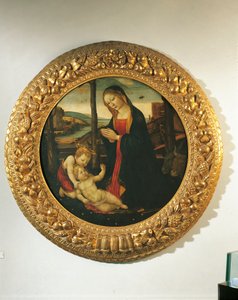 Madonna and Child with St. John (óleo no painel) de Master of the Miller Tondo (attr. to)