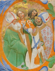 Iluminação Manuscrita com Quatro Santos num O Inicial, de um Livro Coral, italiano, 1440-50.