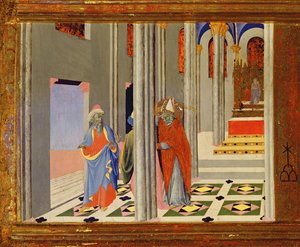 St. Ambrósio recusa o imperador romano Teodósio I a grande admissão à Igreja em Milão, 1436 têmpera no detalhe do painel de 741548