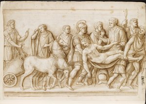 Verso: o regresso de Meleager, de um sarcófago romano, Roma, Palazzo Barberini, c.1512-17 (caneta e tinta castanha com lavagem castanha) de Master of the Oxford Album