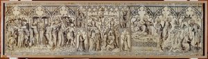 O altar de Narbonne: Cristo feito prisioneiro, escarnecido, coroa de espinhos, crucificação, sepultura, ressurreição ... de Master of the Parement of Narbonne