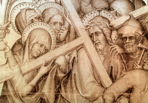 A partitura de Narbonne: o Cristo carregando a sua cruz (grisaille sobre seda de Master of the Parement of Narbonne