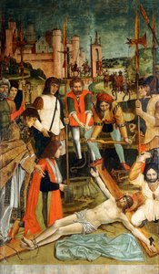 Cristo pregado na cruz com um doador com o braço em uma funda apresentada por um padre de Master of the Pavia Deposition