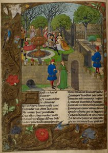 Harley_4425_f12v Lutenista e cantores num jardim amuralhado. O Amante e Dama Oyseuse (Idleness) fora dos muros do jardim, ilustração de 