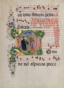 Folha de Manuscrito com São Bento Ressuscitando um Menino em um D inicial, de um Antifonário.