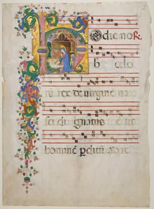 Folha de Manuscrito com a Natividade em um H inicial, de um Antifonário, segunda metade do século XV.