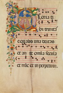 Folha de Manuscrito com a Trindade num G Inicial, de um Antifonário, segunda metade do século XV.