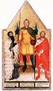 São Miguel Arcanjo com São Bartolomeu e São Julião (tempera no painel) de Master of the Rinuccini Chapel