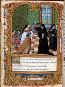 Margarita de Angoulema (1492-1549) Rainha de Navarra apresenta seu livro à Duquesa de Etampes e preferida de François I Anne Pisseleu Página retirada do manuscrito "La coche ou Debat d