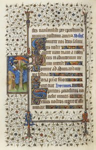 Ms 62 f.132v Figura alada numa copa de árvore com livro perfurado por uma espada, das "Horas do Espírito Santo" de 1350, 1417 de Guillaume de Deguilleville (tinta e folha de ouro em pergaminho)