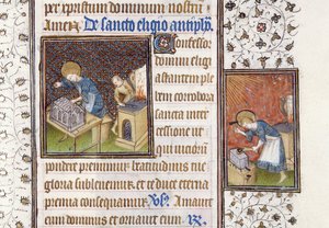 Ms 62 f.215r São Eligius fazendo um Santuário; St. Eligius em uma bigorna, de um livro de horas