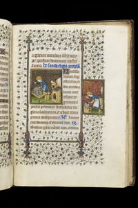 Ms 62 f.215r St. Eligius fazendo um santuário; Santo Eligius em uma bigorna, de um livro de horas, c.1445-50 (pergaminho)