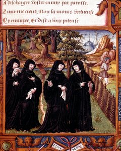 Representação da Rainha de Navarra Margarita de Angoulema (1492-1549) falando com seus companheiros Página extraída do manuscrito "La coche ou Debat d