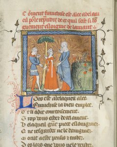 Miniatura de um manuscrito do Roman de la Rose por Guillaume de Lorris e Jean de Meun, ca 1365 de Master of the Rose novels