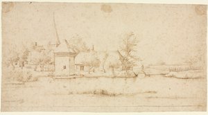 Paisagem com uma vila com fosso de Master of the Small Landscapes
