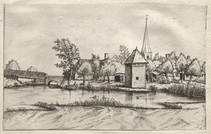 Vistas de Aldeias em Brabant e Campine: Uma Aldeia de Moated, c. 1561. de Master of the Small Landscapes