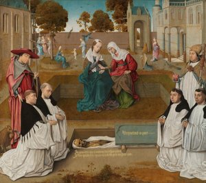 Comprimido memorial
Quatro cânones com Santo Agostinho e Hieronymus num túmulo aberto com a Visitação de Master of the Spes Nostra