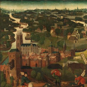 A Inundação do Dia de Santa Isabel
Ala exterior esquerda de um retábulo representando a inundação do dia de Santa Isabel, 18-19 de Novembro de 1421, com a cidade de Dordrecht como pano de fundo de Master of the St Elizabeth Panels